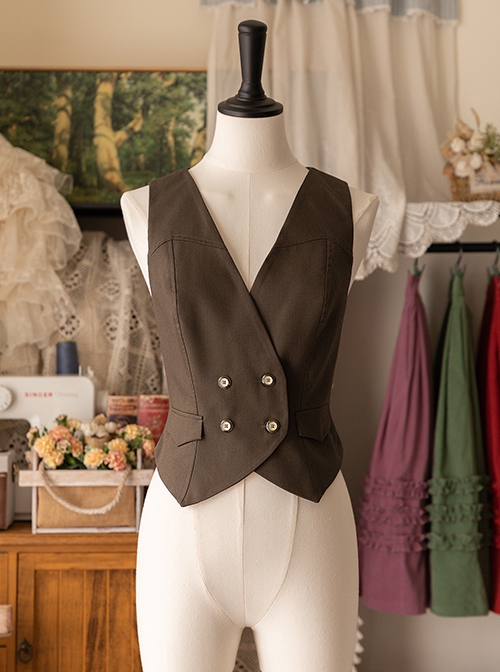 Forest Basket Series Retro V Neckline Tighten Waist Button Versatile Classic Lolita Sleeveless Business Suit Vest