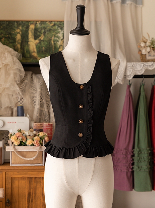 Forest Basket Series Asymmetrical Design Ruffles Simple Retro Button Tighten Waist Classic Lolita Sleeveless Vest