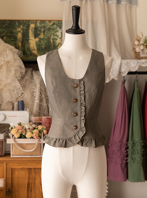 Forest Basket Series Asymmetrical Design Ruffles Simple Retro Button Tighten Waist Classic Lolita Sleeveless Vest