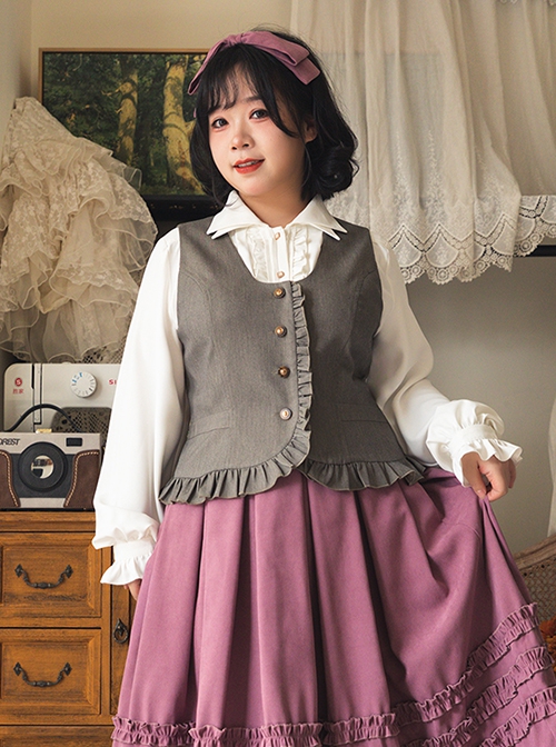 Forest Basket Series Asymmetrical Design Ruffles Simple Retro Button Tighten Waist Classic Lolita Sleeveless Vest