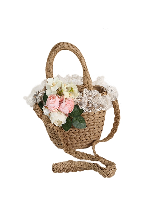 Forest Pastoral Style Exquisite Handmade Lace Beach Classic Lolita Simulated Flower Rattan Handbag Basket