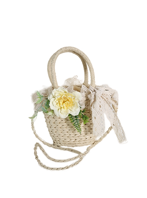 Forest Pastoral Style Exquisite Handmade Lace Beach Classic Lolita Simulated Flower Rattan Handbag Basket