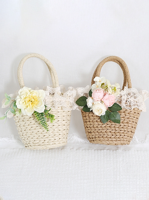 Forest Pastoral Style Exquisite Handmade Lace Beach Classic Lolita Simulated Flower Rattan Handbag Basket