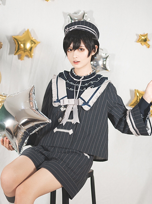 Midnight Flight Series Navy Blue Pinstripes Bowknot Handsome Ouji Fashion Round Fold Pilot Uniform Hat