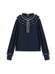 Midnight Flight Series Ruffled Navy Blue Crew Neck Bowknot Solid Color Versatile Ouji Fashion Long Sleeve Shirt