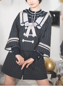 Midnight Flight Series Navy Blue Sailor Square Collar Ruffled Bowknot Ouji Fashion Long Sleeves Coat Short Pants Suit