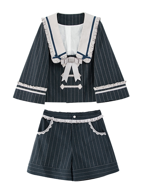 Midnight Flight Series Navy Blue Sailor Square Collar Ruffled Bowknot Ouji Fashion Long Sleeves Coat Short Pants Suit