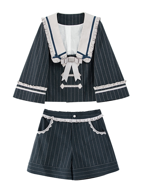 Midnight Flight Series Navy Blue Sailor Square Collar Ruffled Bowknot Ouji Fashion Long Sleeves Coat Short Pants Suit