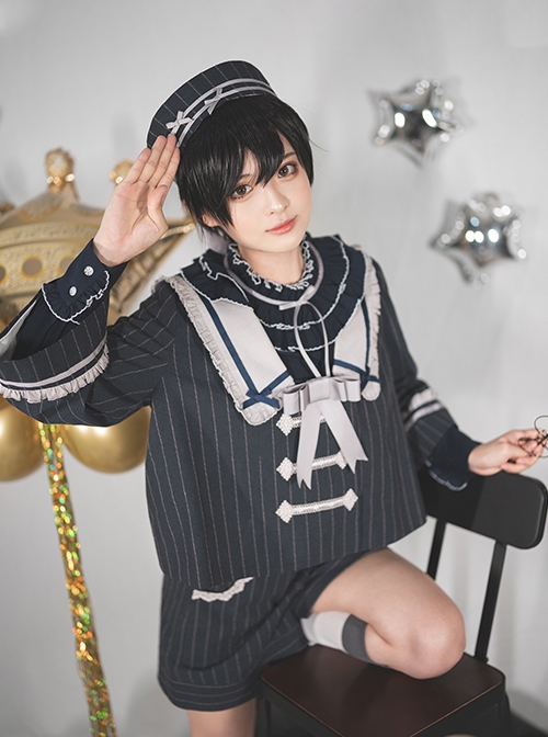 Midnight Flight Series Navy Blue Sailor Square Collar Ruffled Bowknot Ouji Fashion Long Sleeves Coat Short Pants Suit