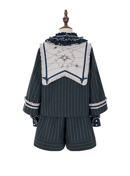 Midnight Flight Series Navy Blue Sailor Square Collar Ruffled Bowknot Ouji Fashion Long Sleeves Coat Short Pants Suit
