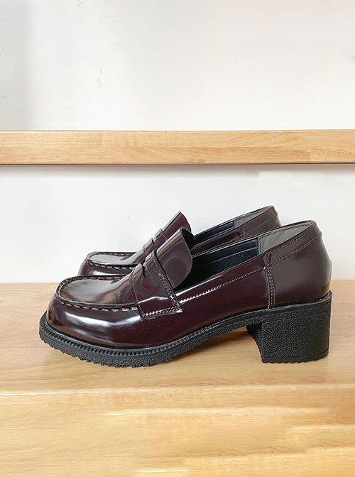 College Style Daily Patent Leather Glossy JK Lolita Square Toe Thick Mid Heel Uniform Shoes