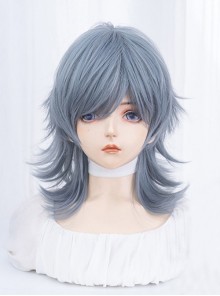 New Chinese Style Light Greyish Blue Cool Boy Curly Ouji Fashion Wolf Tail Mullet Head Full Head Wig