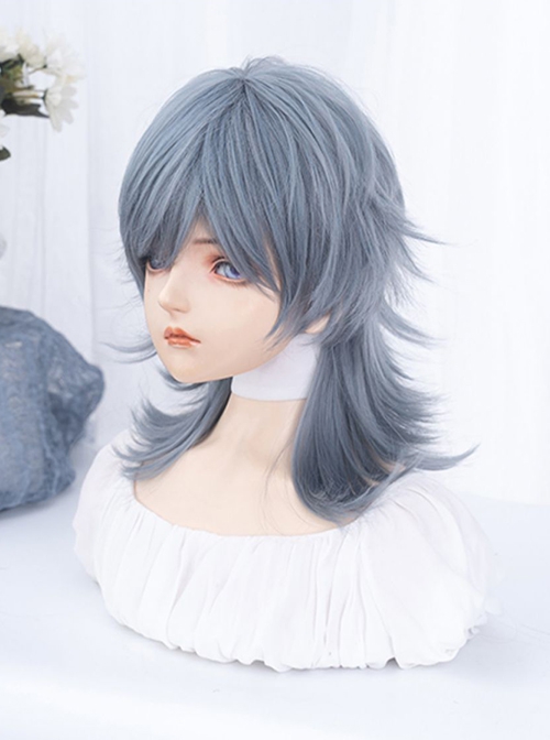 New Chinese Style Light Greyish Blue Cool Boy Curly Ouji Fashion Wolf Tail Mullet Head Full Head Wig