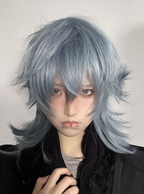 New Chinese Style Light Greyish Blue Cool Boy Curly Ouji Fashion Wolf Tail Mullet Head Full Head Wig