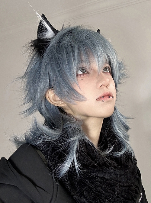 New Chinese Style Light Greyish Blue Cool Boy Curly Ouji Fashion Wolf Tail Mullet Head Full Head Wig