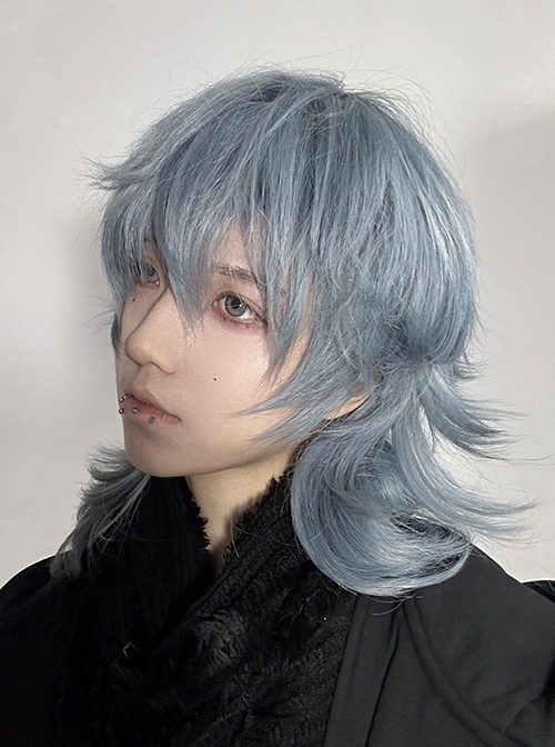 New Chinese Style Light Greyish Blue Cool Boy Curly Ouji Fashion Wolf Tail Mullet Head Full Head Wig