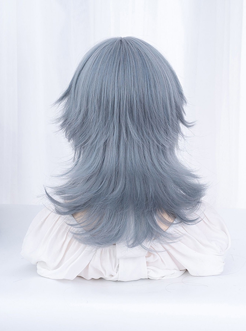 New Chinese Style Light Greyish Blue Cool Boy Curly Ouji Fashion Wolf Tail Mullet Head Full Head Wig