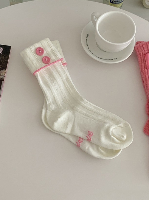 College Style Daily Simple Contrasting Colors Stripe Button Cute Sweet Lolita Fashion Cotton Cuffed Socks