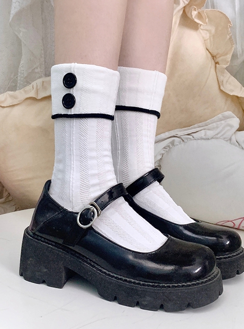 College Style Daily Simple Contrasting Colors Stripe Button Cute Sweet Lolita Fashion Cotton Cuffed Socks