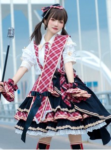 Singing Costume Series Vitality Girl Idol Plaid Ribbon Bowknot Sweet Lolita Short Sleeves Shirt Skirt Full Set