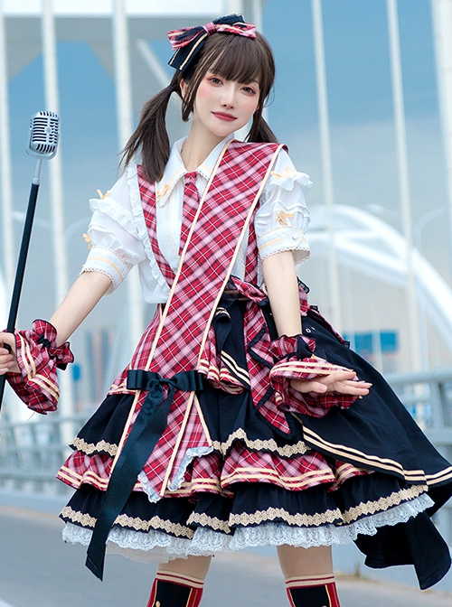 Singing Costume Series Vitality Girl Idol Plaid Ribbon Bowknot Sweet Lolita Short Sleeves Shirt Skirt Full Set