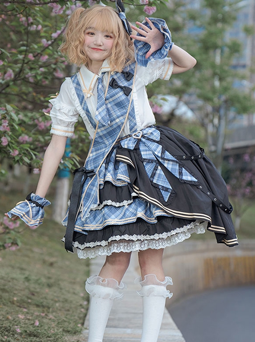 Singing Costume Series Vitality Girl Idol Plaid Ribbon Bowknot Sweet Lolita Short Sleeves Shirt Skirt Full Set