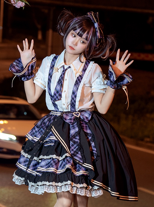 Singing Costume Series Vitality Girl Idol Plaid Ribbon Bowknot Sweet Lolita Short Sleeves Shirt Skirt Full Set