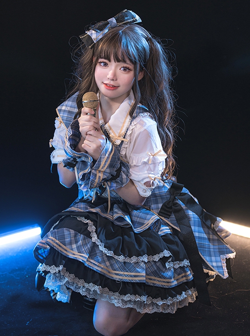 Singing Costume Series Vitality Girl Idol Plaid Ribbon Bowknot Sweet Lolita Short Sleeves Shirt Skirt Full Set