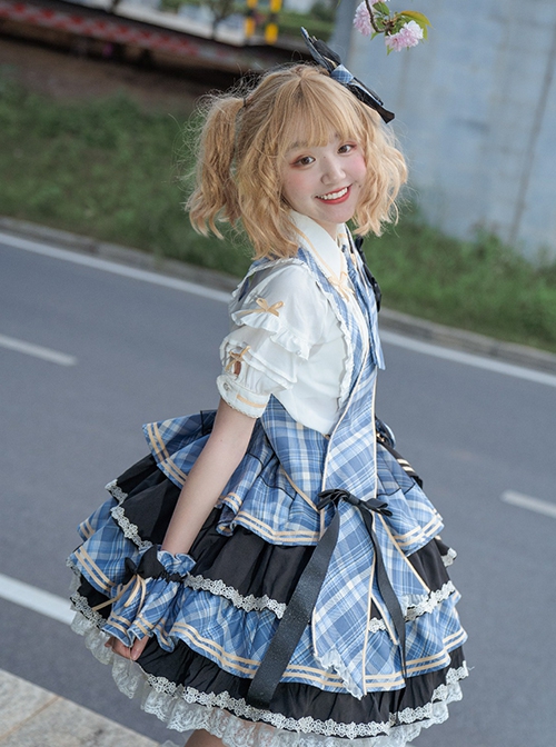 Singing Costume Series Vitality Girl Idol Plaid Ribbon Bowknot Sweet Lolita Short Sleeves Shirt Skirt Full Set