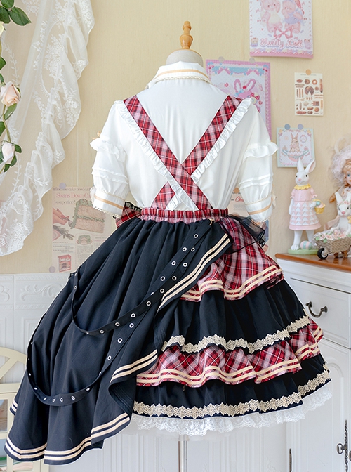 Singing Costume Series Vitality Girl Idol Plaid Ribbon Bowknot Sweet Lolita Short Sleeves Shirt Skirt Full Set