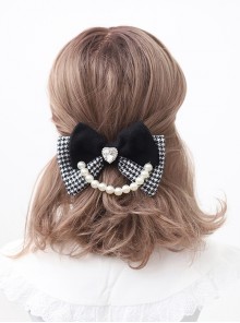 Autumn Winter Thick Velvet Rich Daughter Houndstooth Black White Love Diamond Pearl Decoration Kawaii Fashion Bowknot Hair Clip