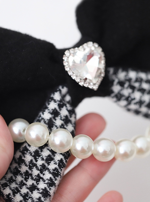 Autumn Winter Thick Velvet Rich Daughter Houndstooth Black White Love Diamond Pearl Decoration Kawaii Fashion Bowknot Hair Clip