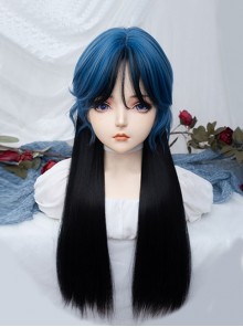 Stylish Slightly Curly Bangs Ultramarine Blue Highlights Black Long Hair Jellyfish Head Sweet Lolita Full Head Wig