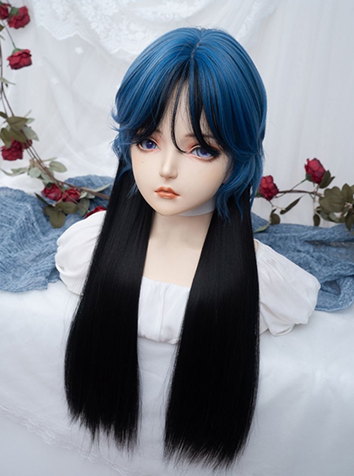 Stylish Slightly Curly Bangs Ultramarine Blue Highlights Black Long Hair Jellyfish Head Sweet Lolita Full Head Wig