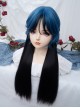 Stylish Slightly Curly Bangs Ultramarine Blue Highlights Black Long Hair Jellyfish Head Sweet Lolita Full Head Wig