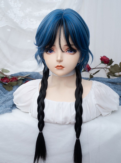 Stylish Slightly Curly Bangs Ultramarine Blue Highlights Black Long Hair Jellyfish Head Sweet Lolita Full Head Wig