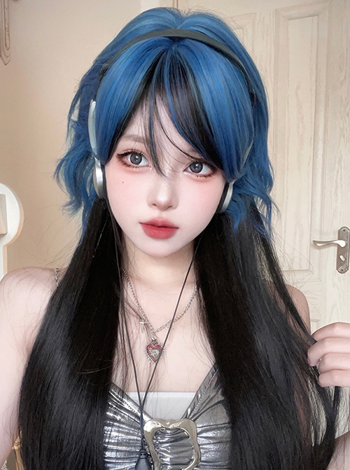 Stylish Slightly Curly Bangs Ultramarine Blue Highlights Black Long Hair Jellyfish Head Sweet Lolita Full Head Wig