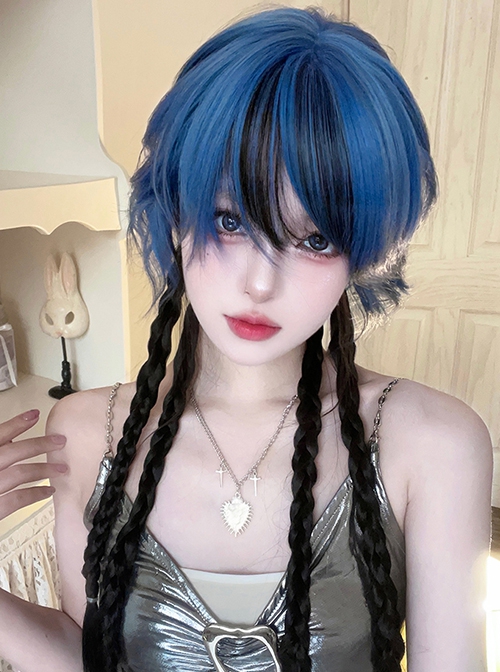 Stylish Slightly Curly Bangs Ultramarine Blue Highlights Black Long Hair Jellyfish Head Sweet Lolita Full Head Wig