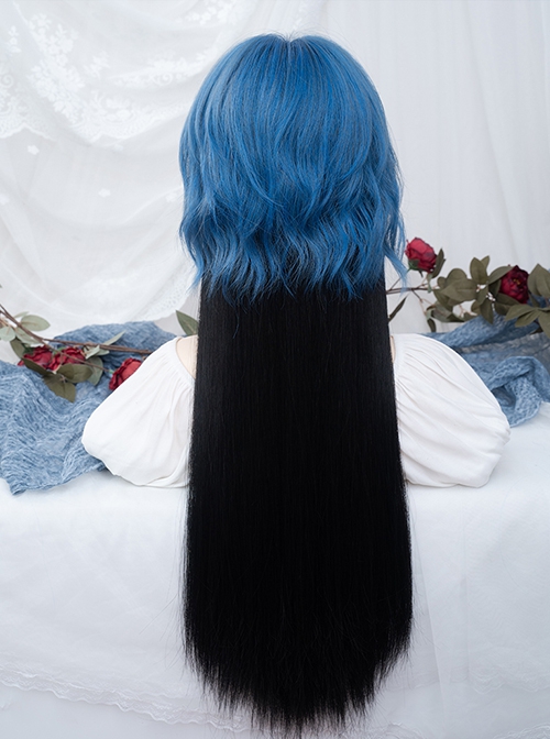 Stylish Slightly Curly Bangs Ultramarine Blue Highlights Black Long Hair Jellyfish Head Sweet Lolita Full Head Wig