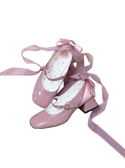 Little Night Daisy Series Elegant Light Purple Patent Leather Square Head Bowknot Diamond  Button Classic Lolita Shoes