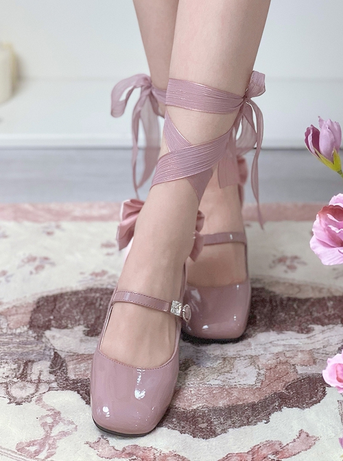 Little Night Daisy Series Elegant Light Purple Patent Leather Square Head Bowknot Diamond  Button Classic Lolita Shoes