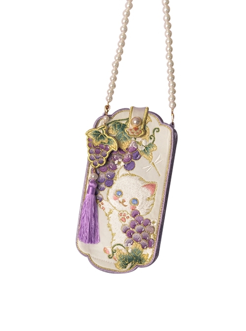 Grape Meow Series Ancient Embroidered Cute White Cat Hanfu Chinese Style Kawaii Fashion Convenient Crossbody Phone Bag