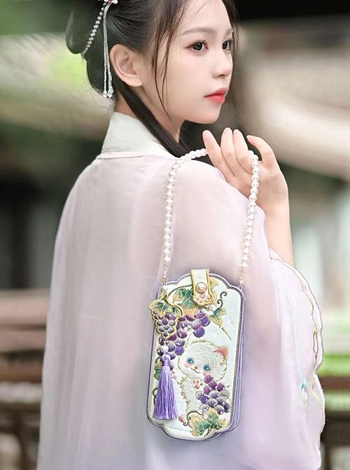 Grape Meow Series Ancient Embroidered Cute White Cat Hanfu Chinese Style Kawaii Fashion Convenient Crossbody Phone Bag