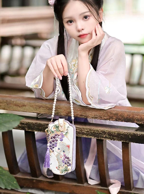 Grape Meow Series Ancient Embroidered Cute White Cat Hanfu Chinese Style Kawaii Fashion Convenient Crossbody Phone Bag