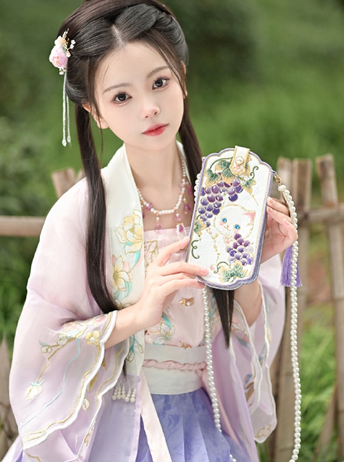 Grape Meow Series Ancient Embroidered Cute White Cat Hanfu Chinese Style Kawaii Fashion Convenient Crossbody Phone Bag