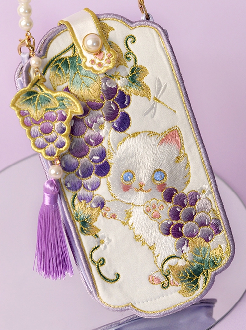 Grape Meow Series Ancient Embroidered Cute White Cat Hanfu Chinese Style Kawaii Fashion Convenient Crossbody Phone Bag