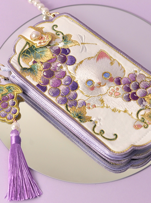 Grape Meow Series Ancient Embroidered Cute White Cat Hanfu Chinese Style Kawaii Fashion Convenient Crossbody Phone Bag