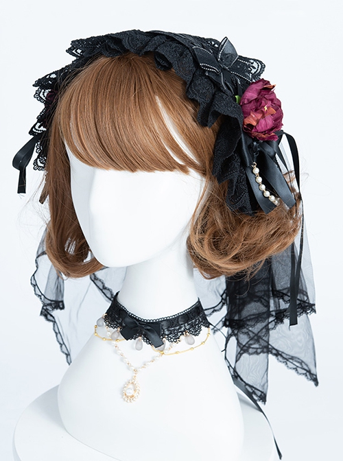 Day Night Light Series Gorgeous Noble Elegant Palace Style Dark Black Gothic Lolita Black Wedding Dress Veil Full Set