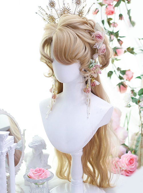 Roselle Series Golden Gorgeous Noble Oil Painting Style Side Parted Bangs Natural Simulated Long Curls Hair Classic Lolita Wig