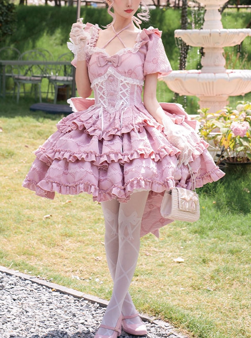 Puff Rose Series Princess Fluffy Ruffled Ballet Style Doll Sense Sweet Lolita Bowknot Tail Puff Sleeves Dress OP